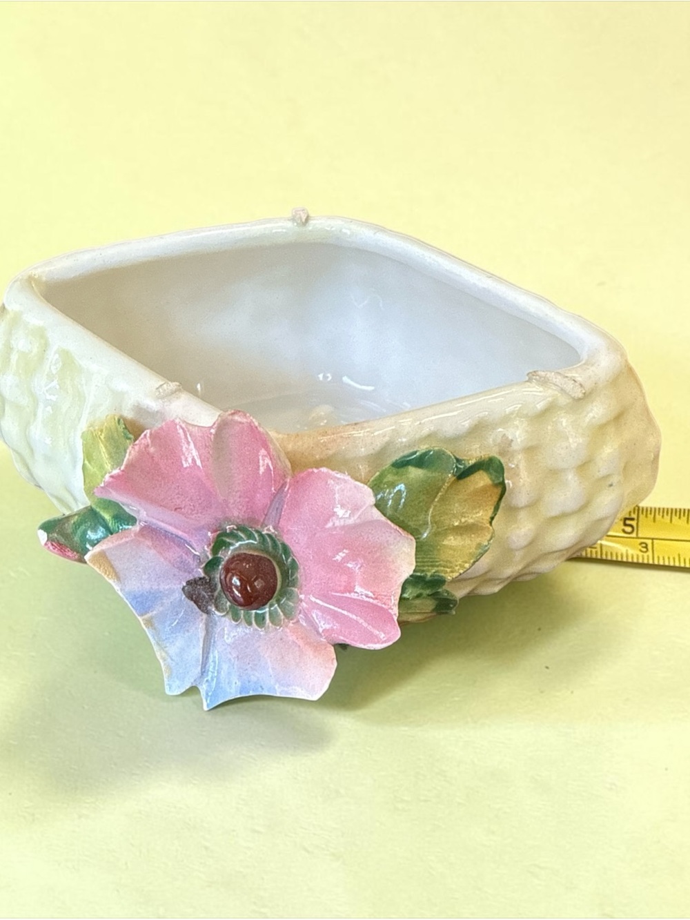 Vintage Majolica Style Basketweave Planter MCM Flower Pot 3D Pink Floral